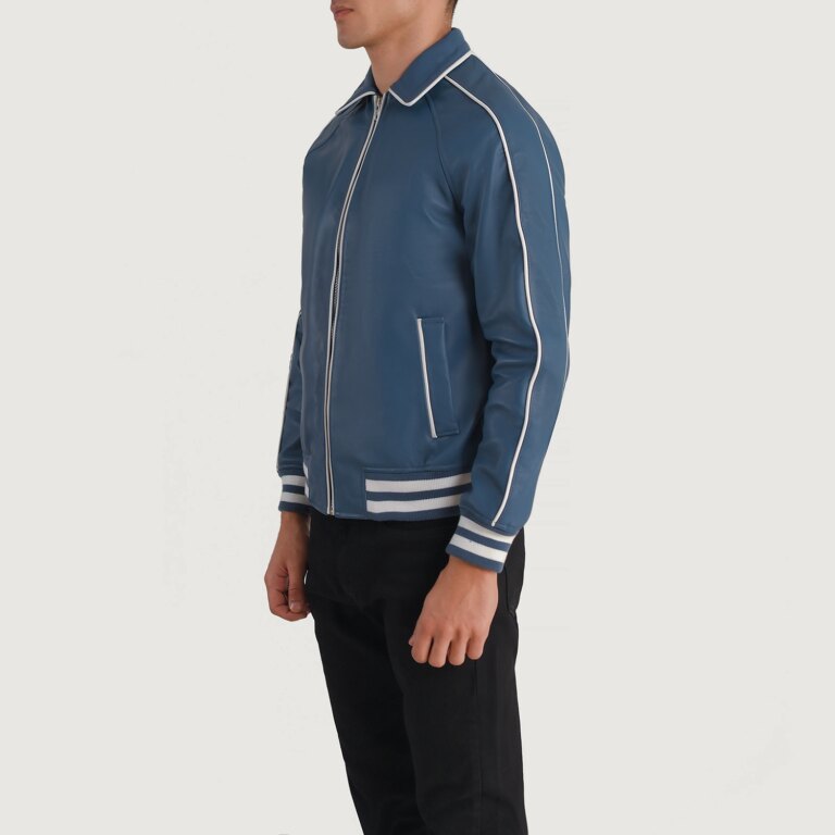 Mens Cooper Blue Leather Varsity Jacket Side Pose-3-1704123130131